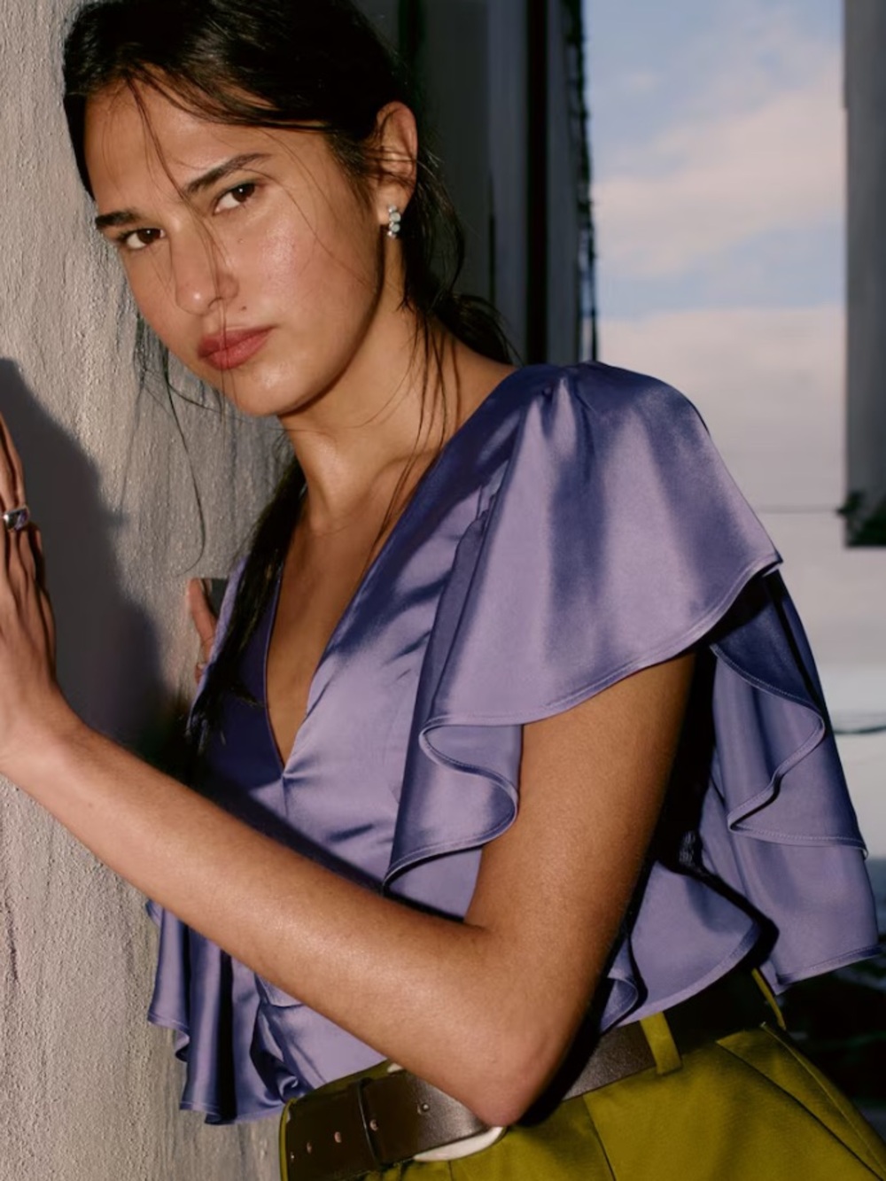 & Other Stories Lilac Satin Ruffle V-Neck Blouse